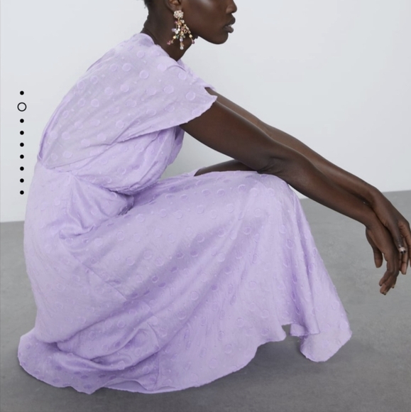 Zara Blogger Fave Lilac Textured Weave Polka Dot Draped Midi Dress NWOT - Picture 5 of 16